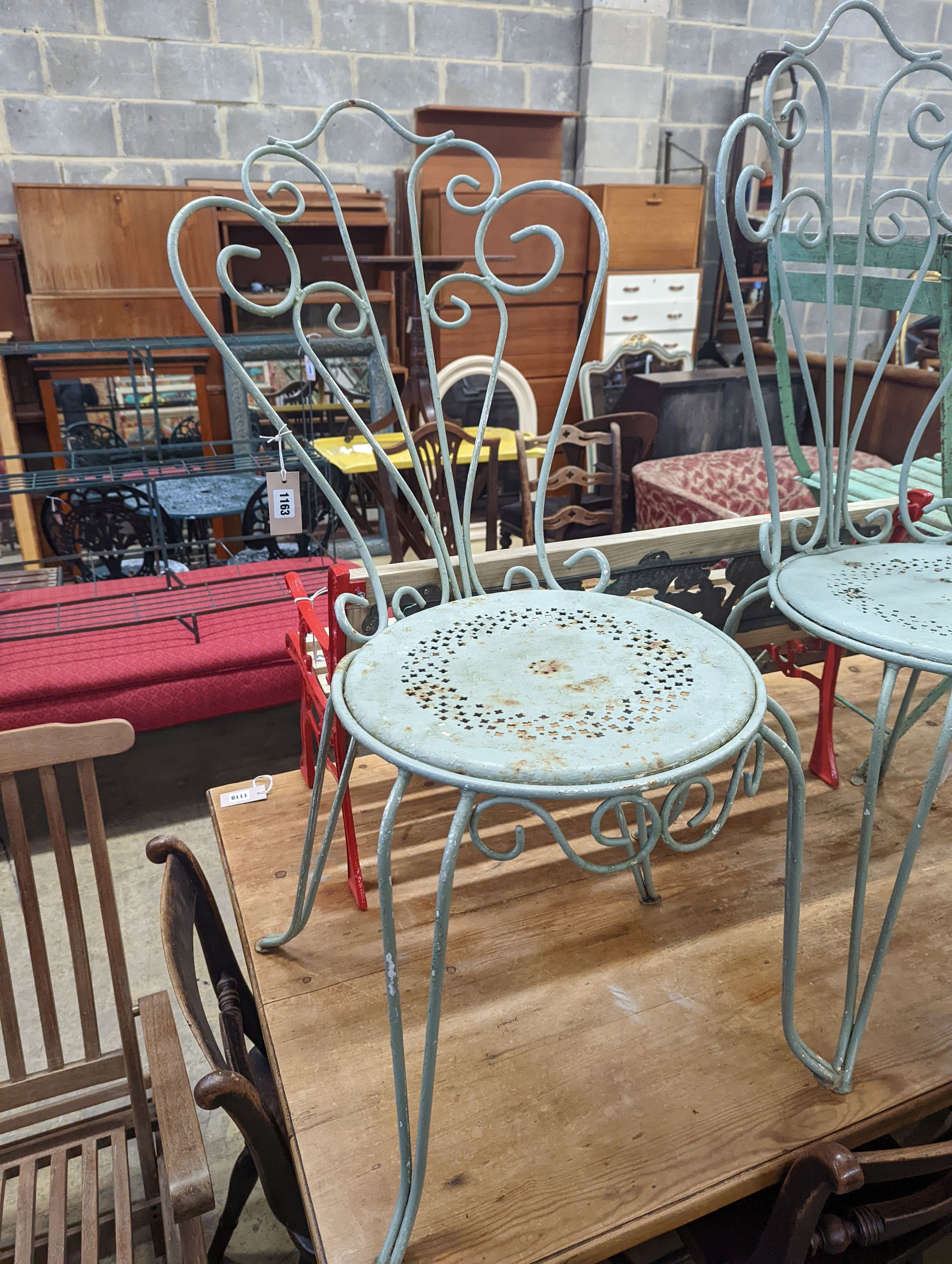 Six painted metal garden chairs
